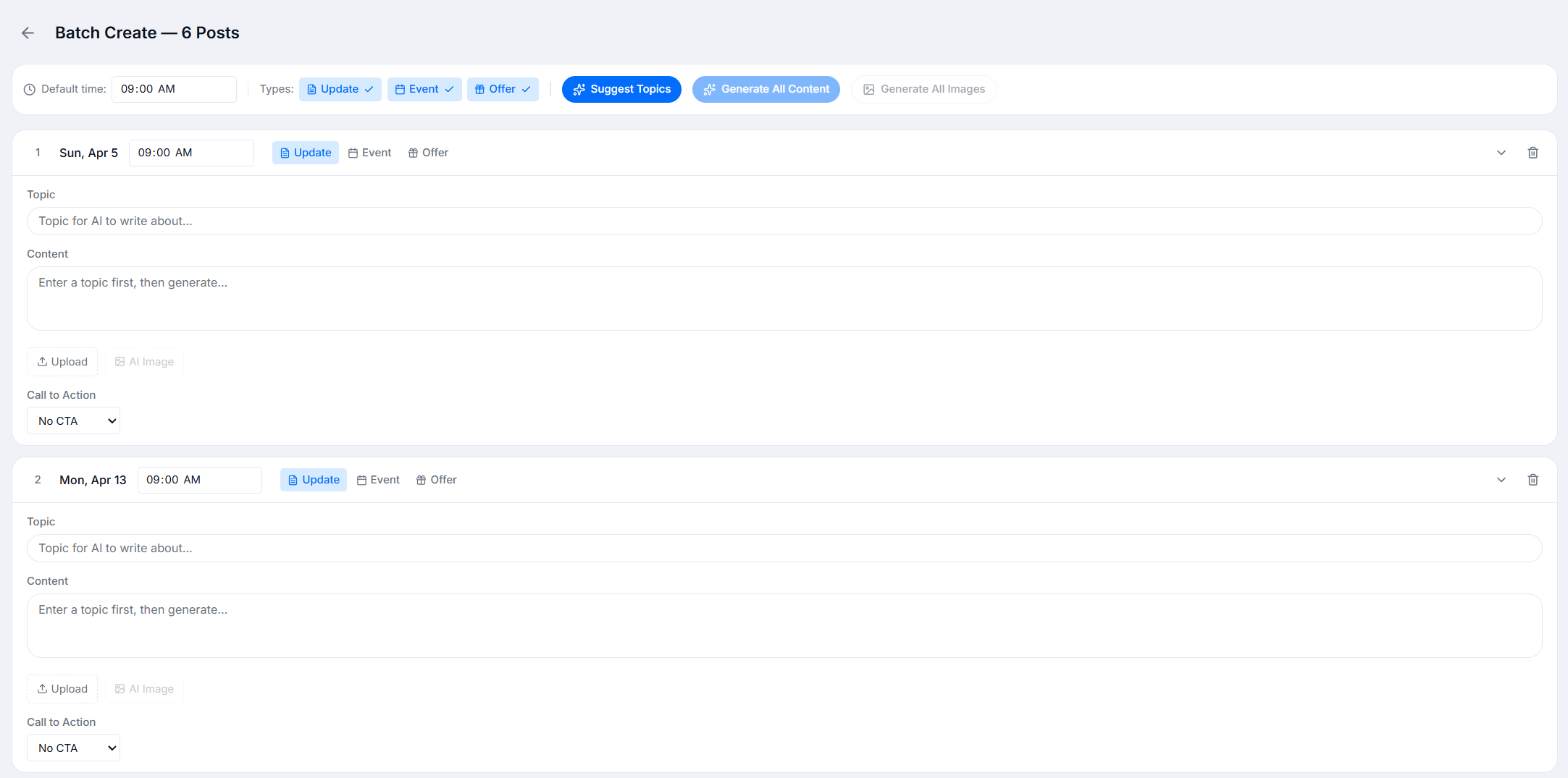 Batch Google Business Profile post generator drafting an entire month of scheduled GBP posts in one pass, with client-trained AI captions, mixed uploaded and AI-generated photos, and bulk approval before the full local-SEO calendar goes live